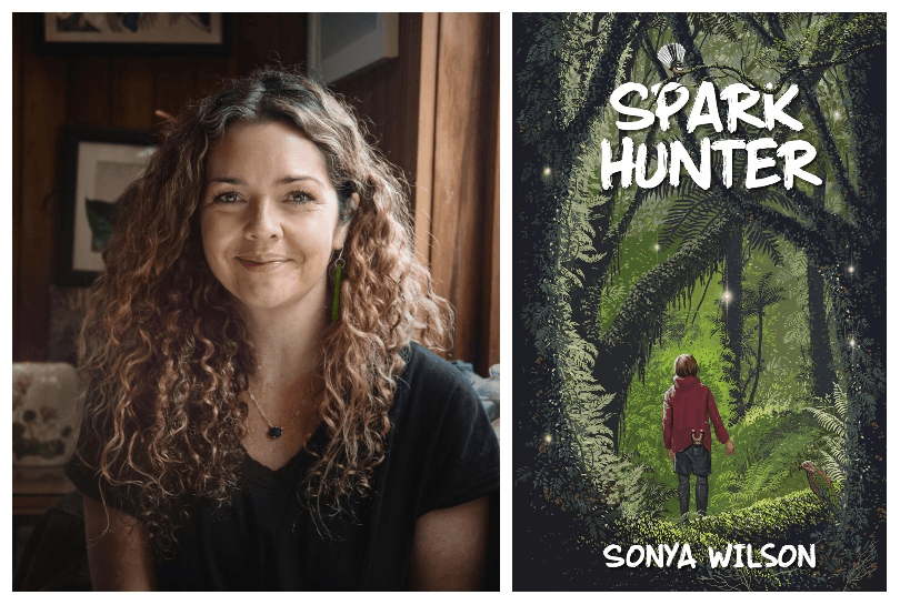 Photo of a woman with amazing long curly hair and a lovely smile. Image of her book cover which features an illustration of a child walking into a forest of dense green and huge old trees.
