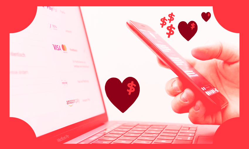 hands holding a phone and computer surrounded by love hearst and dollar signs