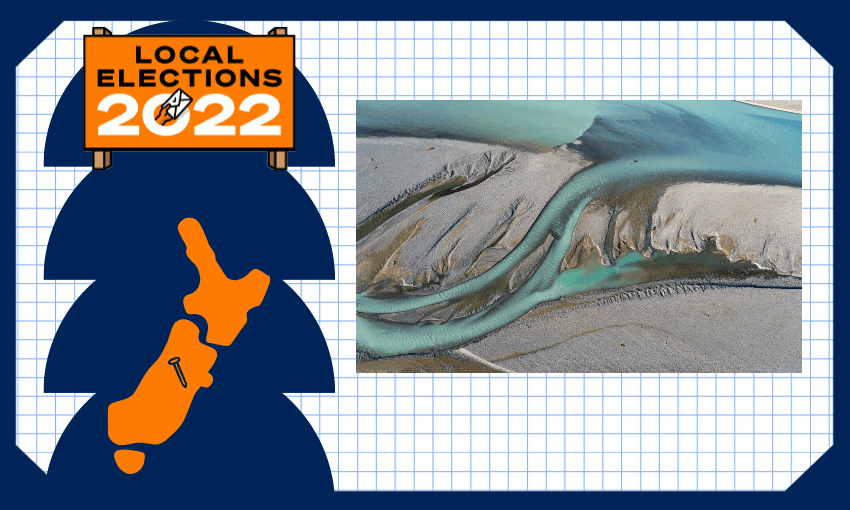 pin on map in canterbury, local elections sign and braided river