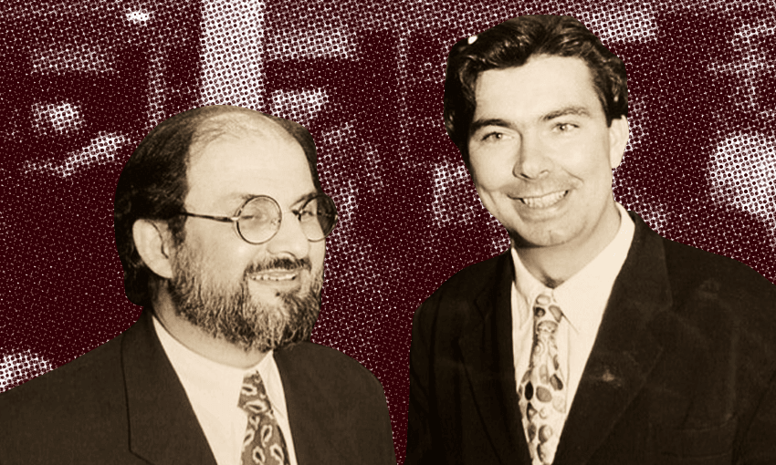 John Mitchinson and Salman Rushdie at a Waterstone’s party in 1993 (Photo: Supplied, additional design by Tina Tiller) 
