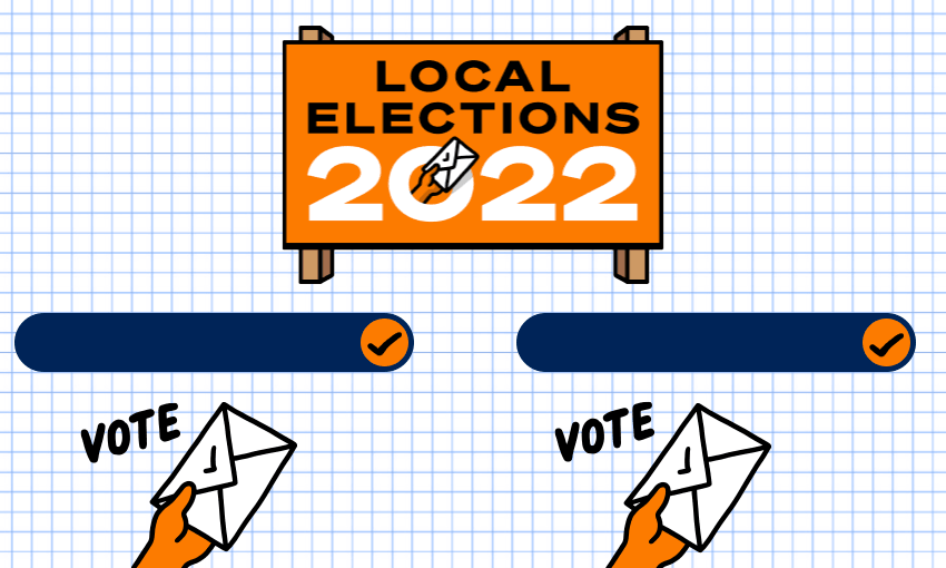 two cartoon hands holding envelopes and a "local elections' sign on a blue grid background