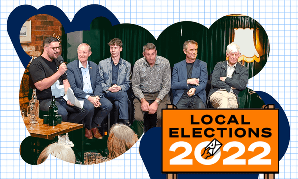 At the Nelson Weekly debate, left to right: Johny O’Donnell, Nick Smith, Rohan O’Neill-Stevens, Tim Skinner, Matt Lawrey and Kerry Neal. Photograph: Toby Manhire 
