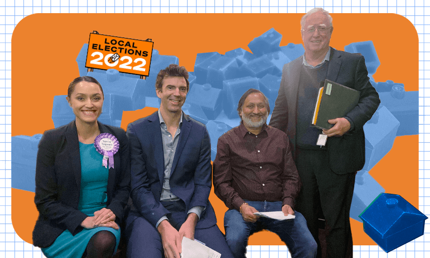 Four Rotorua mayoral candidates at a debate on Monday night (Photo: Stewart Sowman-Lund / additional design: Tina Tiller) 
