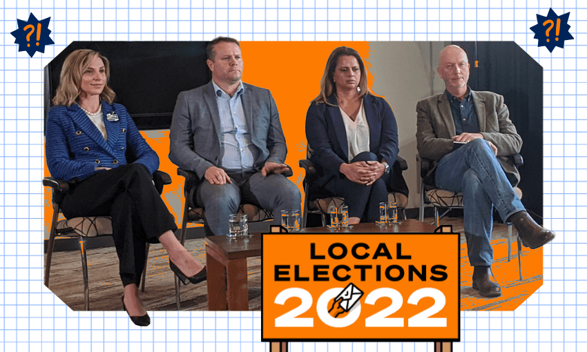 four queenstown mayoral candidates sit in a row, olivia wensley is blonde with a jacket, glyn lewers is short and stocky and wearing a grey suit, neeta shetta has dip dyed hair and a blazer, jon mitchell is a bald white man with long legs in jeans