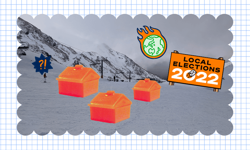 skifield with local elecions sign, worl on fire emoji, houses stting there