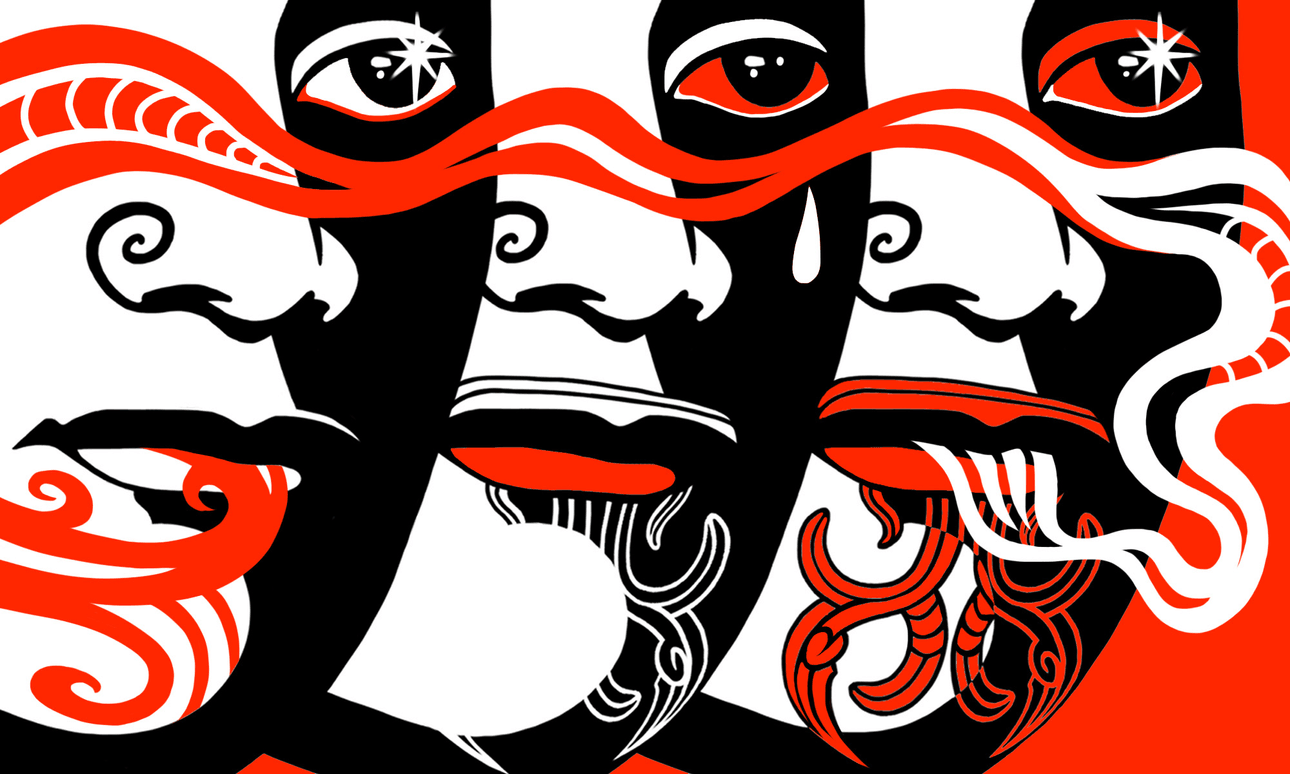 Illustrator Xoë Hall depicts the cycle from te ao Māori to colonisation and back again. She used a photo of Stacy Gregg’s Tūpuna, Irihapeti Te Paea Hahau, as a reference.  
