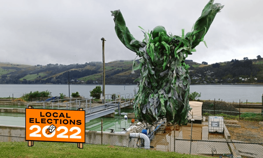 Slime, jumping for joy by a fertiliser plant on Otago Harbour. Photo: Toby Manhire 

