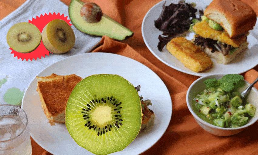 Kiwifruit, avocado and mint salsa with panko-crumbed burgers, recipe below. (Photo: supplied / Image design: Tina Tiller) 
