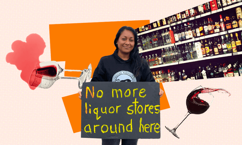 Māngere East local Shirl’e Fruean protests a proposed bottle store, March 2021. (Photo: Justin Latif; Design: Tina Tiller) 
