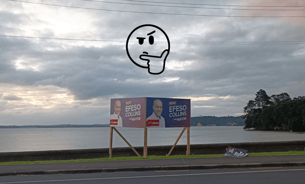 Labour-fied collins signs in Cox’s Bay, Auckland. (Photo: Toby Manhire) 
