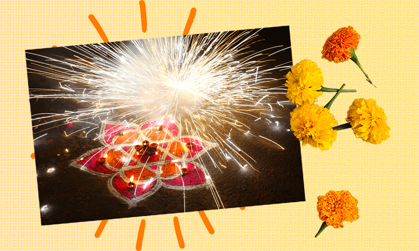Rangoli and sparklers for Diwali. (Photo: Getty Images, Design: Tina Tiller) 

