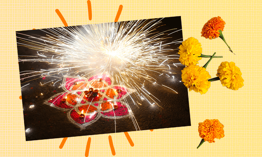 Rangoli and sparklers for Diwali. (Photo: Getty Images, Design: Tina Tiller)