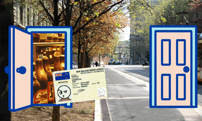 a yellow drivers licence animated gif goes through a door to a city street with trees and an alcohol store