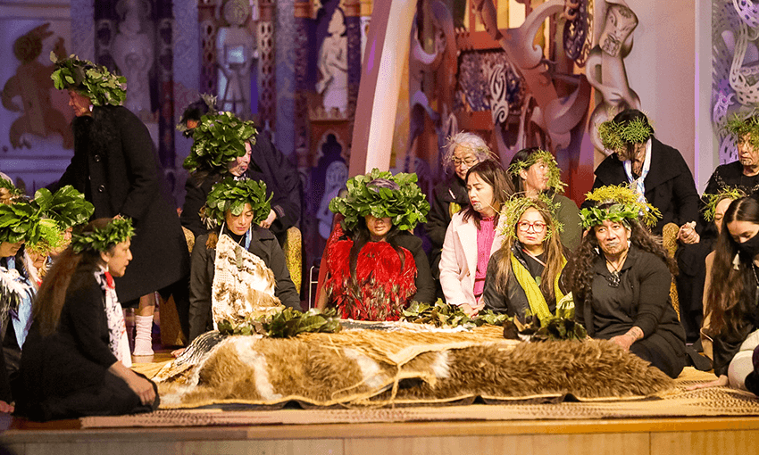 The tūpuna and kārapuna laid on te atamira (the stage) at the repatriation ceremony at Te Papa earlier this month. (Photo: Te Papa) 
