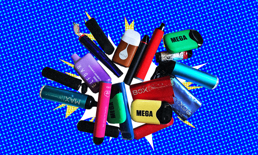 A collage of various vaping devices is displayed against a vibrant blue background with a halftone pattern, reminiscent of pop art.