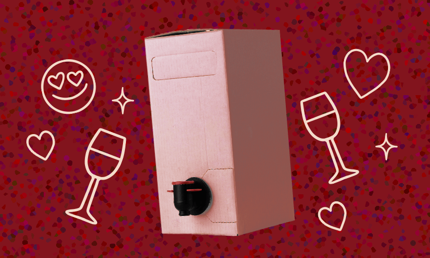 a red background with wine in a cardboard box