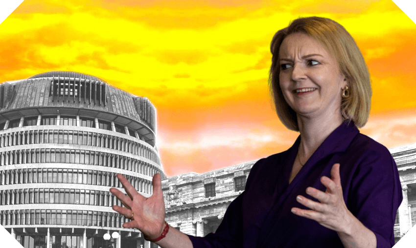 PM Liz Truss and an apocalyptic NZ parliament (Photos: Getty Images. Design: The Spinoff) 
