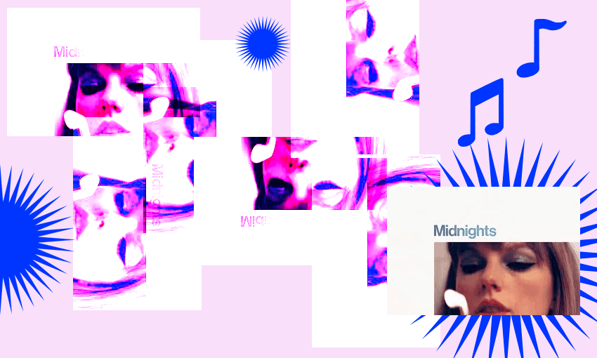 midnights album cover and a music emoji with a purple filter and fun purple shapes in the background