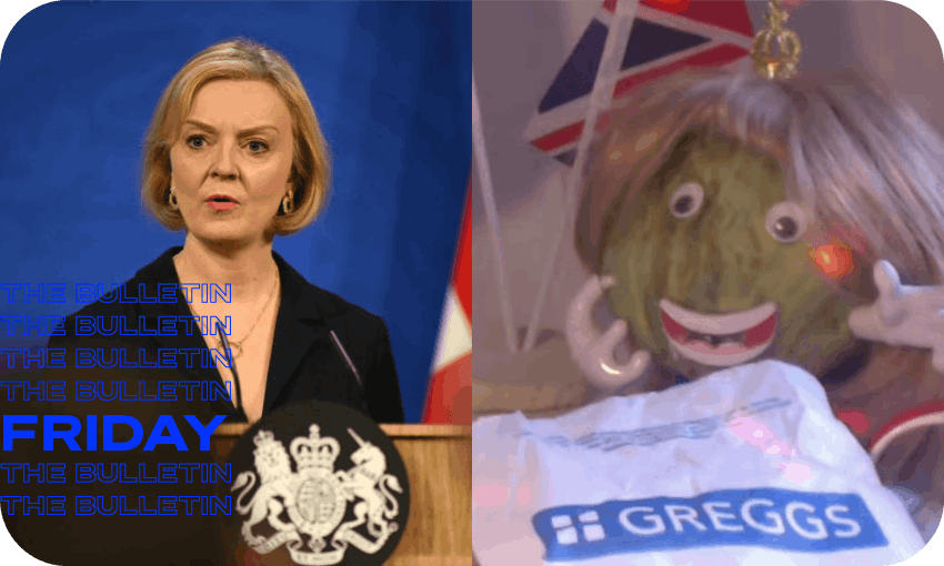 Liz Truss, now the shortest-serving prime minister in UK history, did not outlast the lettuce (Image: RNZ/AFP – Daniel Leal/Daily Star) 
