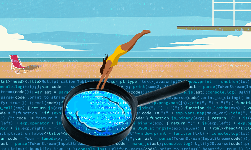 brown woman dives into a pool except its a magnifying glass filled with code
