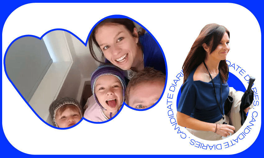 Erica Stanford with her family on the campaign trail, 2017, and in parliament, 2022. (Photos: Supplied / Design: Tina Tiller) 
