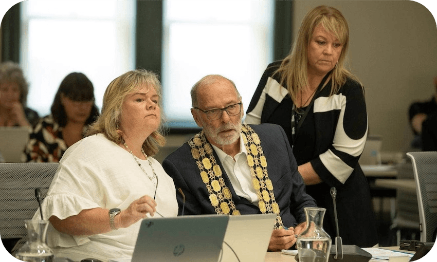 Mayor Wayne Brown and principal advisor Jenny Marcroft (right) set up the first Auckland Council meeting. (Photo: Jason Dorday/Stuff) 
