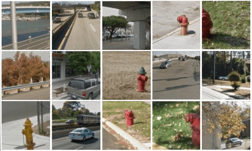 a gride of different items like fire hydrants arranged in a CAPTCHA format