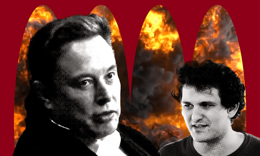 What do Elon Musk and Sam Bankman-Fried have in common? NZ still has no laws to regulate their businesses (Design: Tina Tiller)