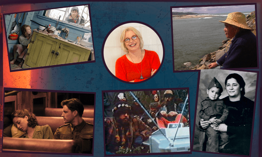 Gaylene Preston with her films, clockwise from top left: Perfect Strangers, Hone Tūwhare, War Stories Our Mothers Never Told Us, Making Utu and Home By Christmas  
