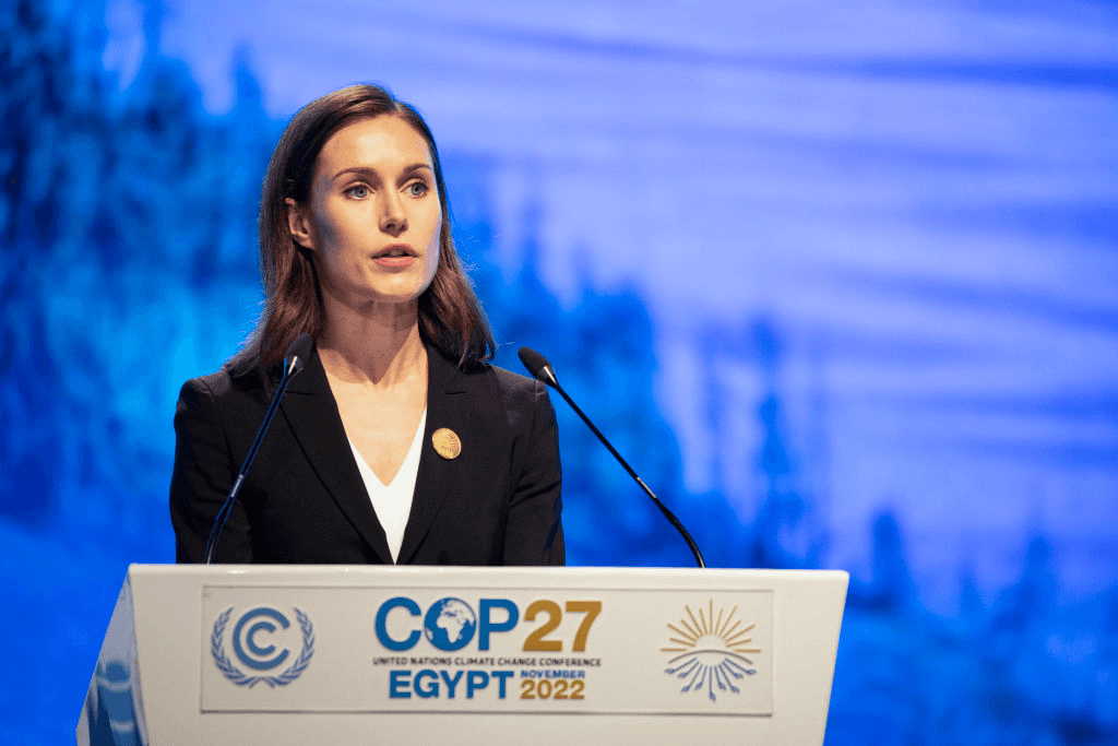 Finnish PM Sanna Marin speaks at COP27 Photo by Gehad Hamdy/picture alliance via Getty Images) 
