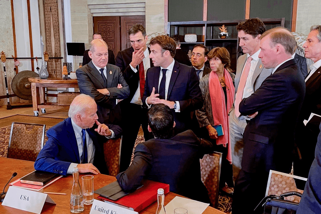 NUSA DUA, INDONESIA – NOVEMBER 16: In this handout image provided by German Government Press Office (BPA), (L-R) US-President Joe Biden, German Chancellor Olaf Scholz, Spanish Prime Minister Pedro Sanchez, French President Emmanuel Macron, British Prime Minister Rishi Sunak, Spanish Foreign Minister José Manuel Albares Bueno, French Foreign Minister Catherine Colonna, Canadian Prime Minister Justin …  Read more 
