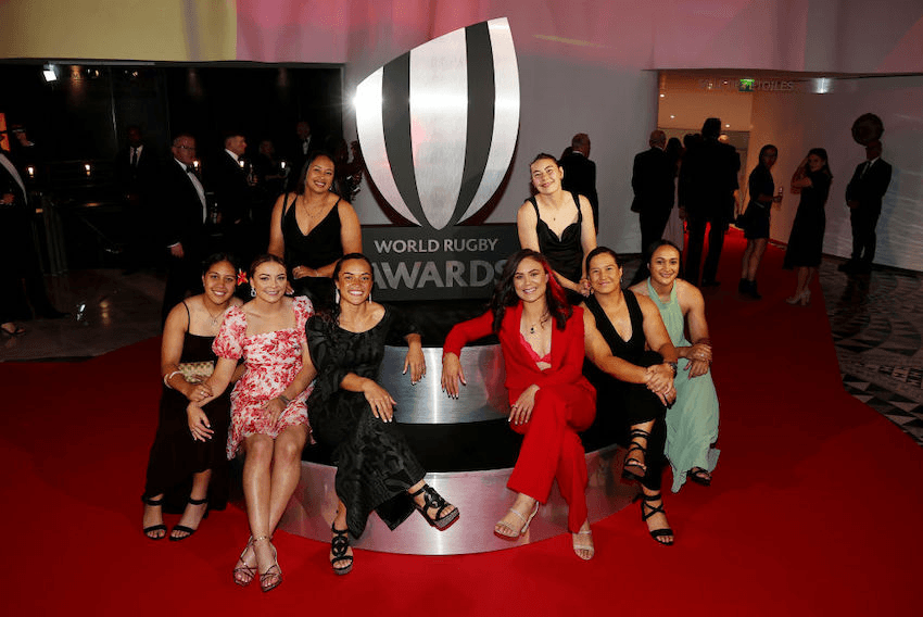 New Zealand Black Ferns players Sylvia Brunt, Renee Holmes, Joanah Ngan-Woo, Theresa Fitzpatrick, Ruby Tui, Maia Roos, Charmaine McMenamin and Ruahei Demant (Photo: Dave Rogers/World Rugby via Getty Images) 
