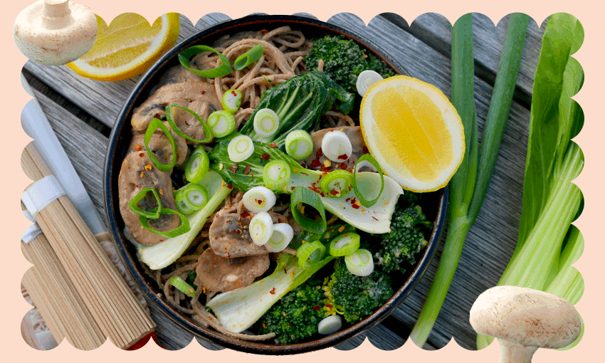 Miso soba noodles with mushrooms and steamed greens. (Image: supplied / Tina Tiller) 
