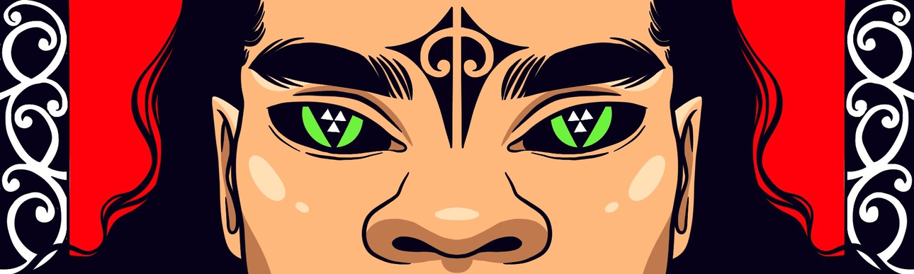 A close-up of the face of the figure from the first image. They have a tā moko on their forehead, in the place of the "third eye", and their pupils reflect a tukutuku panel. On each side of the image are two decorative kowhaiwhai patterns.