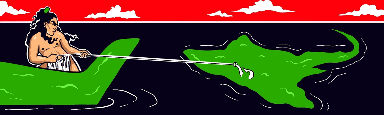 An anime-style illustration of Māui as he sits in a waka, hoisting Te Ika a Māui up to the surface using a jawbone hook. The background is a black ocean, with white clouds decorating the red sky.