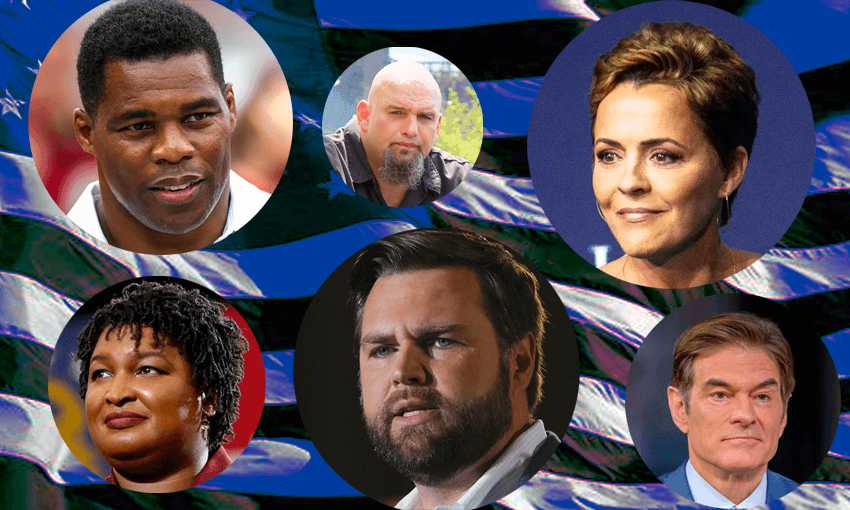 Runners and riders in the 2022 midterm elections: (from top left) Herschel Walker, John Fetterman, Kari Lake, Mehmet Oz, JD Vance and Stacey Abrams (Image: Tina Tiller) 

