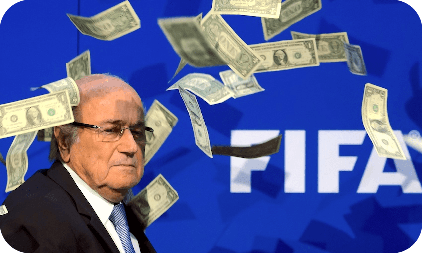 Fifa president Sepp Blatter is pelted with fake dollars in a protest during a press conference, July 2015. (Photo: FABRICE COFFRINI/AFP via Getty Images) 
