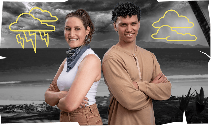 Treasure Island Fans vs Faves hosts Bree Tomasel and Jayden Daniels, plus some stormclouds (Photo: TVNZ. Additional design: The Spinoff) 

