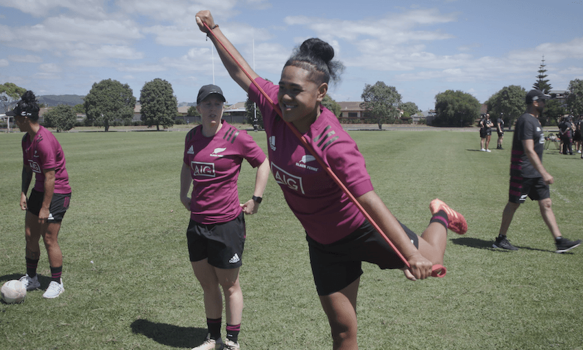 Black Ferns Kendra Cocksedge and Patricia Maliepo in The Black Ferns: Wāhine Toa (Image: Sky) 
