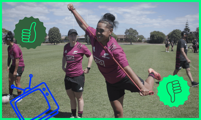 Black Ferns Kendra Cocksedge and Patricia Maliepo in The Black Ferns: Wāhine Toa (Image: Sky)