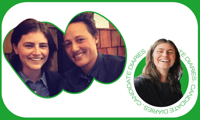 Chlöe Swarbrick with Kiri Allan on the campaign trail in 2017; and in 2022. (Image: Tina Tiller) 
