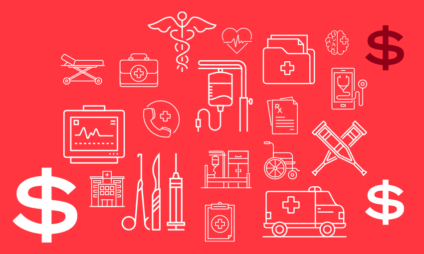 medicine, heart reate, crutches, ambulance, injection, and dollar signs on red background