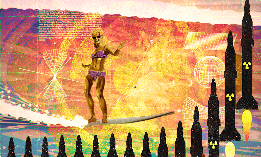 old timey woman surfing surrounded by nuclear warheads