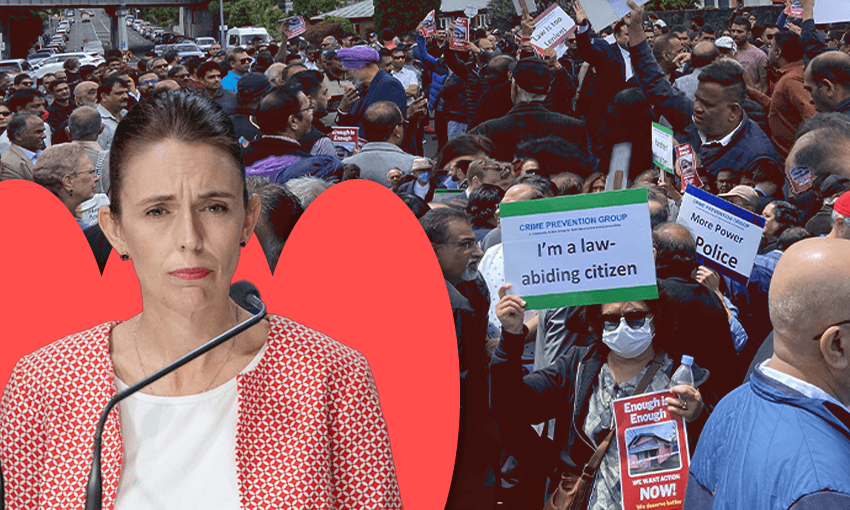 Crowds protest outside Jacinda Ardern’s office (Photo: Stewart Sowman-Lund, additional design Bianca Cross) 
