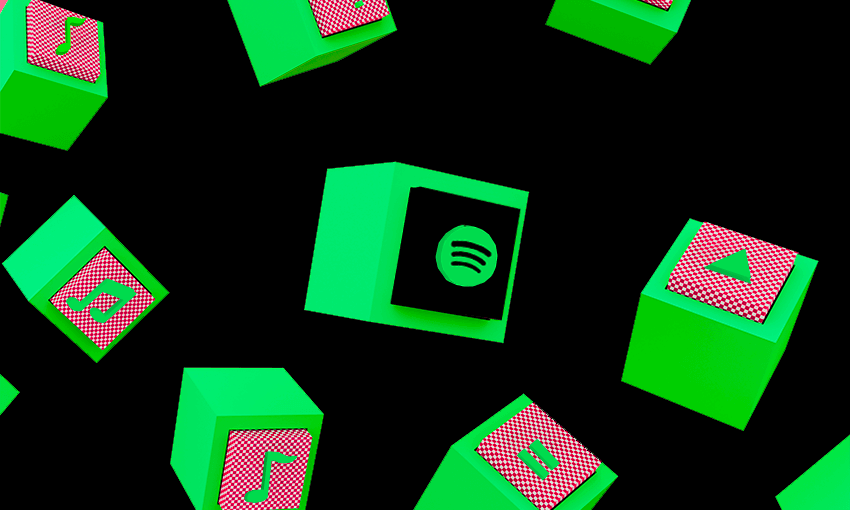 green cubes on a black screen. one has the spotify logo and the rest have musical notes and play and pause buttons