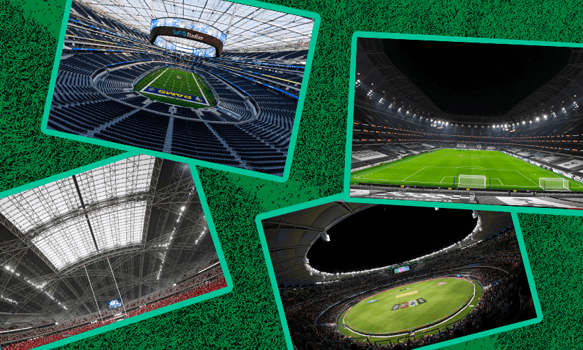 Dreams are free. Clockwise from top left: SoFi Stadium, Tottenham Hotspur Stadium, Optus Stadium, Singapore National Stadium (Photos: Getty Images) 

