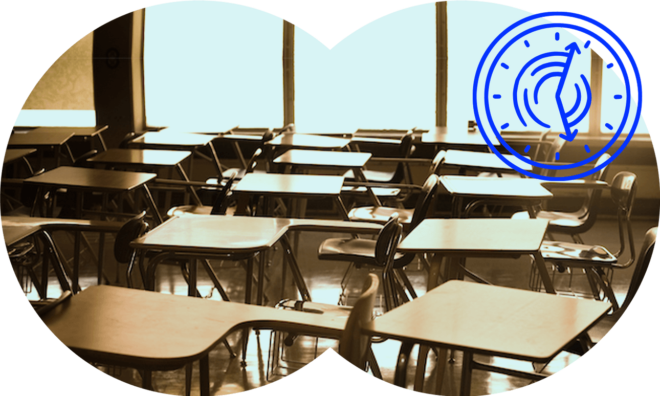 classroom empty with alarm clock floating and slightly odd eerie colours, it's desaturated