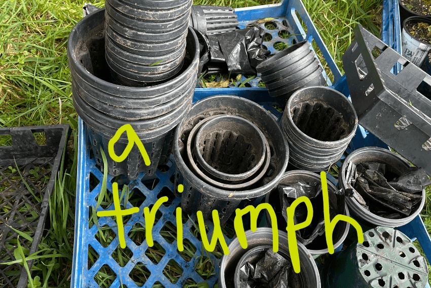 A crate of empty planting pots