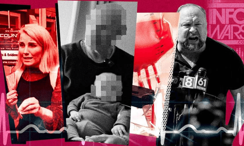 Former broadcaster Liz Gunn became a fierce advocate for the parents of a sick baby who requested ‘unvaccinated blood’ for his heart surgery. (Photo illustration: Aaron Wood/Stuff) 
