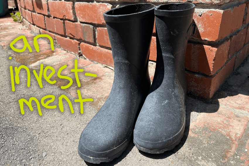 Newly purchased gumboots sitting on the concrete in sun